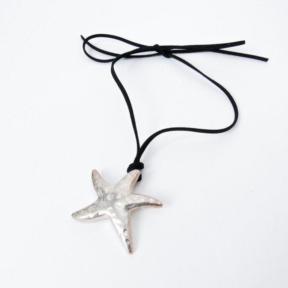VINTAGE SILVER STAR METAL PENDANT NECKLACE Black Leather Lace Summer Jewelry - Picture 3 of 7